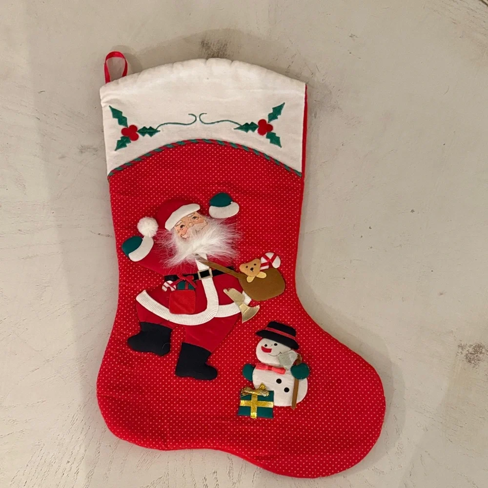 Vtg quilted festive red Christmas stocking with Santa and Snowman